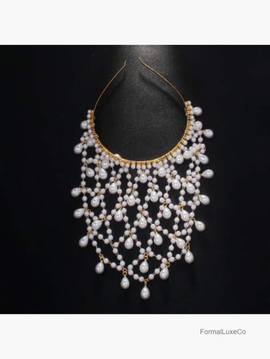 Vintage Pearl Cascade Bridal Hair Chain Bohemian Mesh Headband Teardrop main image 5